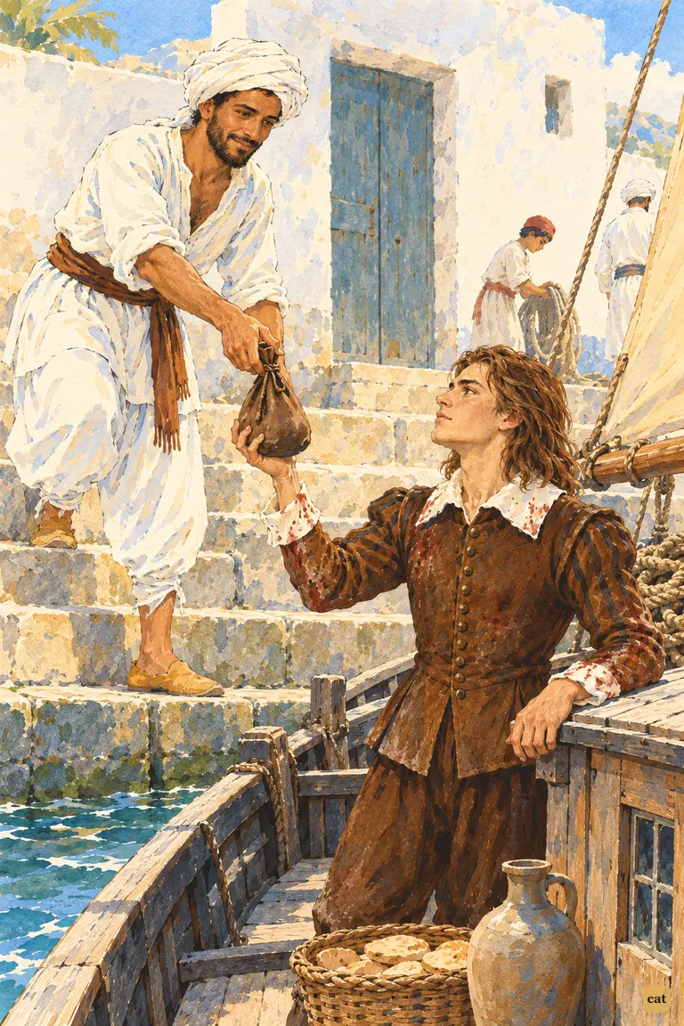 On the quay at Sallee, Ismael hands a pouch of powder to Crusoe in the long-boat