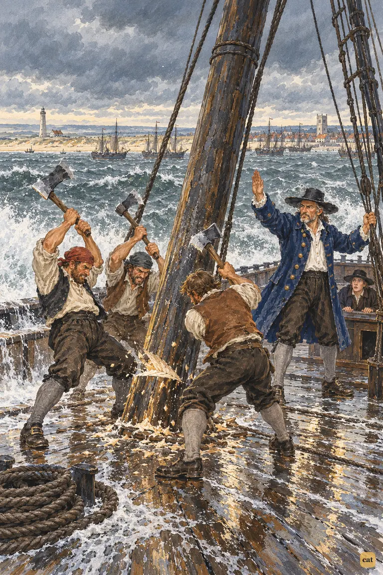 Seamen swing axes at the leaning foremast as the master gives a grim nod