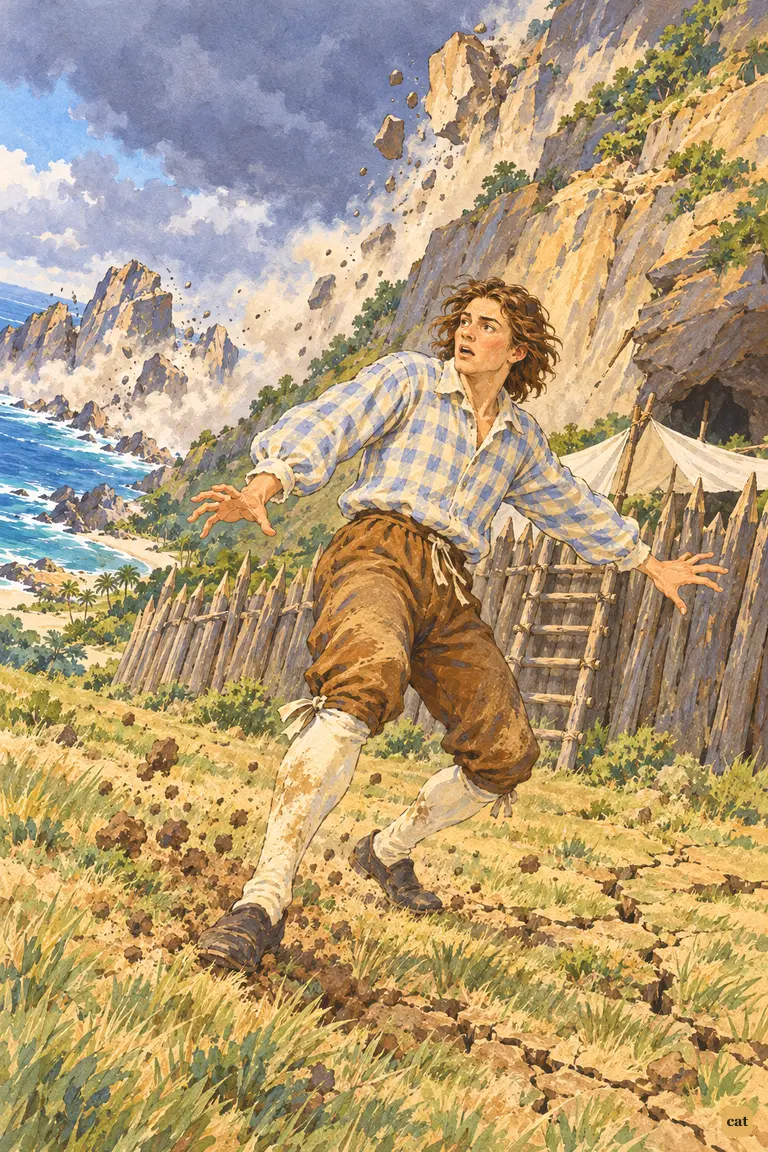Just over his new wall, Crusoe staggers on the cracking plain as the earthquake strikes