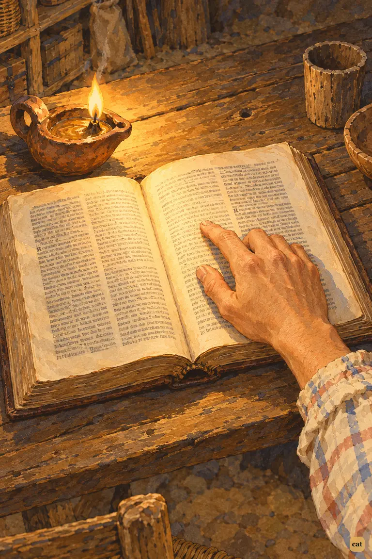 By a goat-fat lamp, a castaway's finger rests beneath a verse saying he is not forsaken