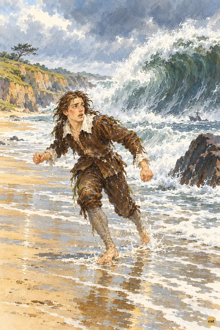 Half-drowned and alone, Crusoe staggers across the sand as a hill-high wave rears behind