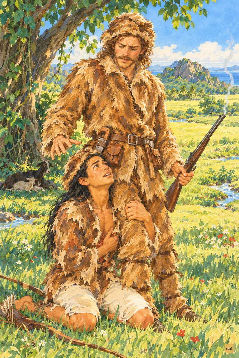 After the first gunshot, Friday kneels and clings to Crusoe's legs, pleading in terror