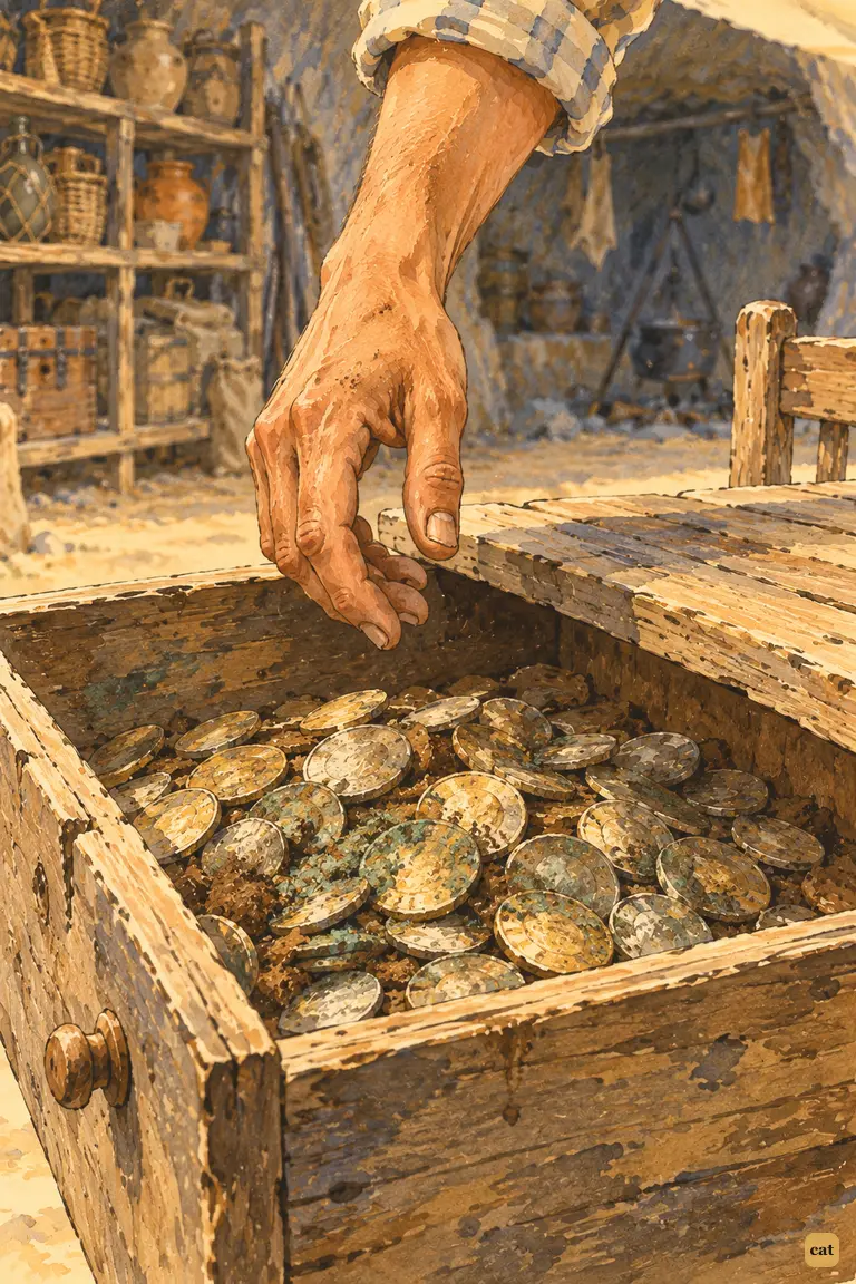 In an open drawer, mould-spotted coins lie forgotten beneath an idle sun-browned hand