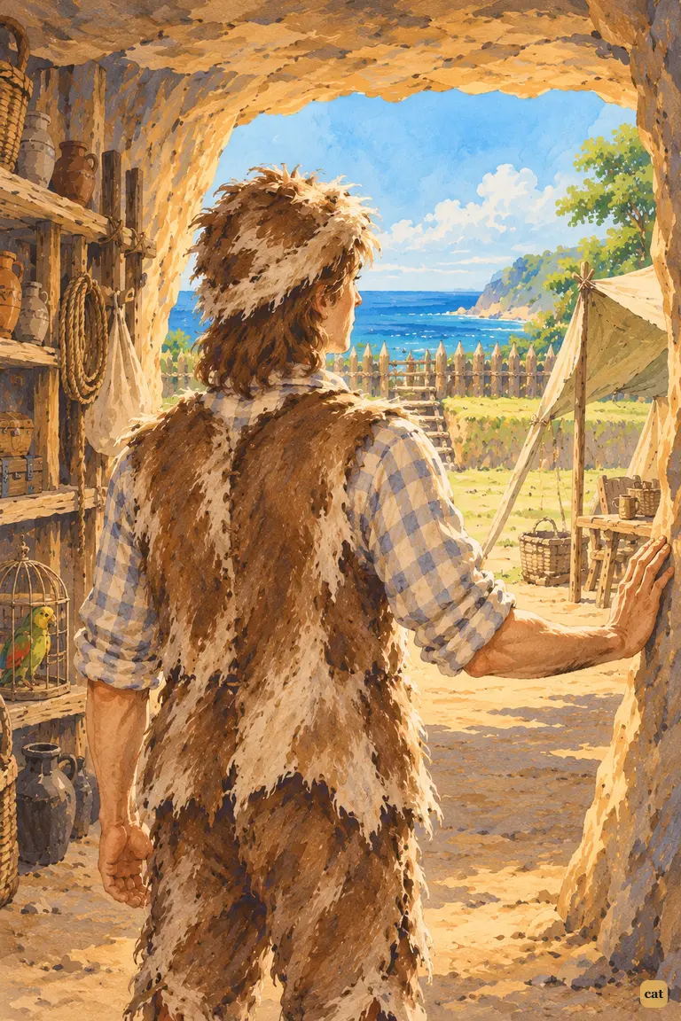 At the cave mouth, Crusoe looks over his green plain and the sea, quiet and thankful