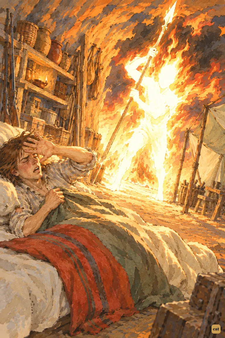 In a fever dream, a fiery figure with a spear judges the terrified sick castaway