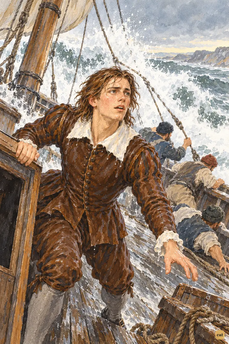 At grey dawn the shout of "Land!" rings out and the ship strikes the sand.
