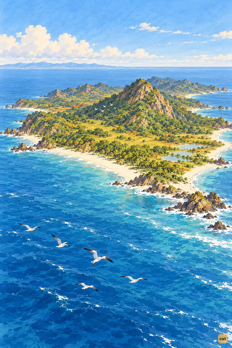 A high view over the calm western sea toward Crusoe's green, untouched island
