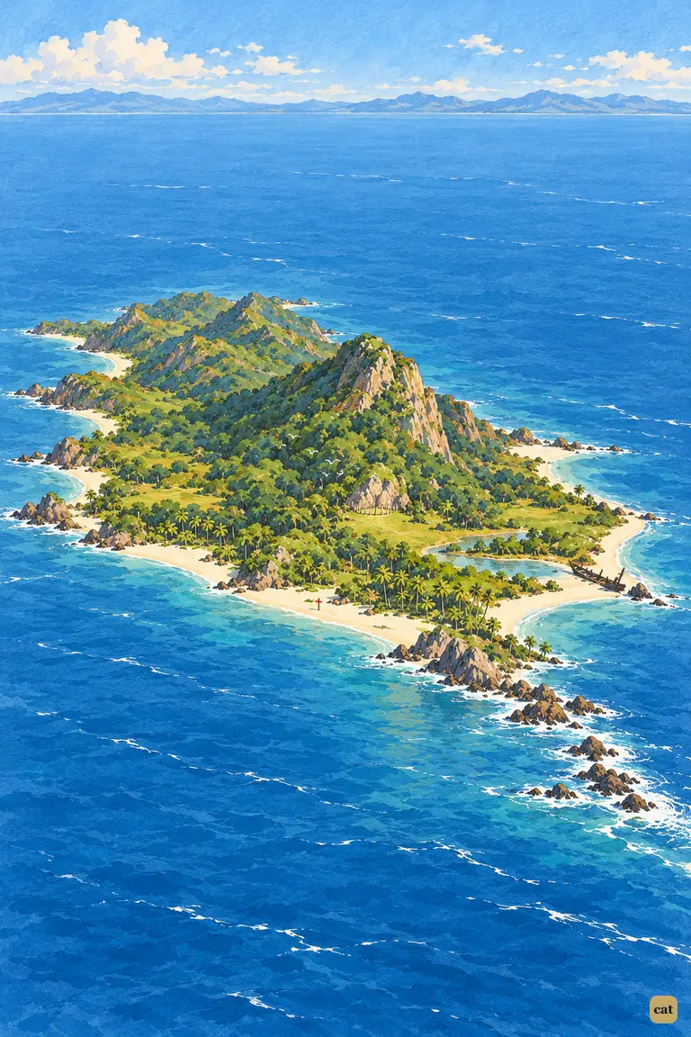 From above, the lone island after the quake shows its wreck and a half-circle of stakes
