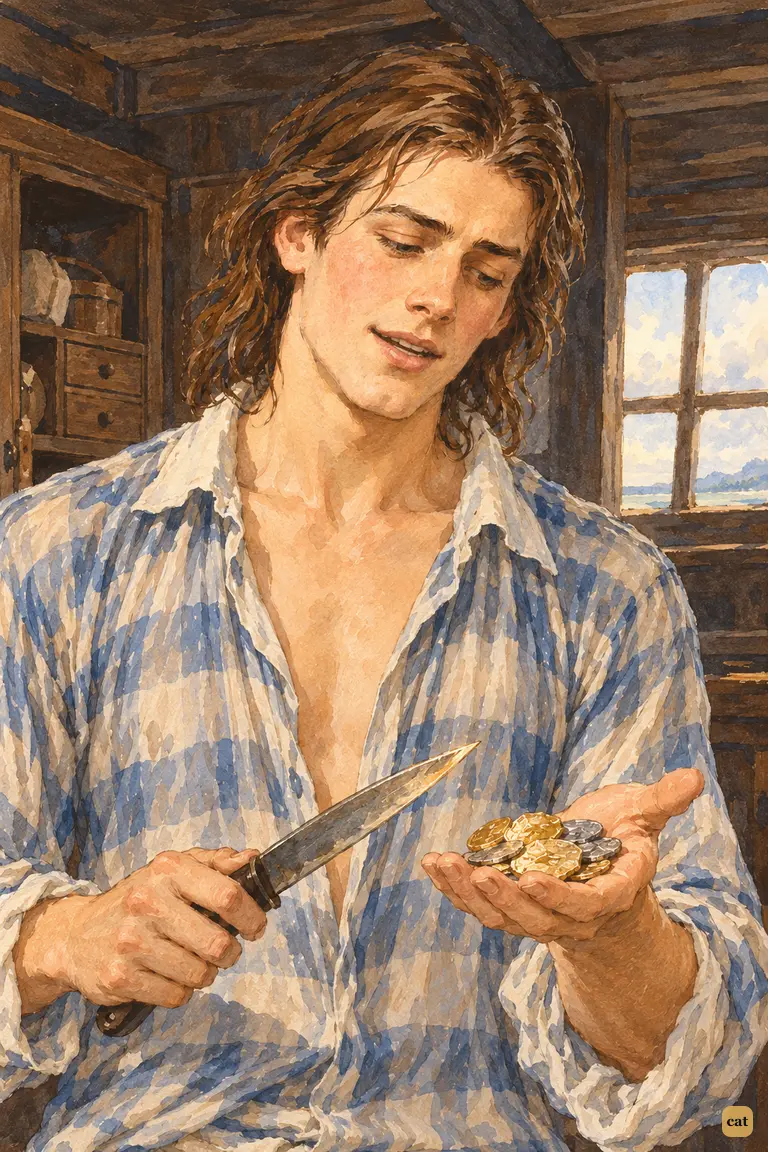 In the cabin, Crusoe smiles wryly at useless coins and holds a knife he values more