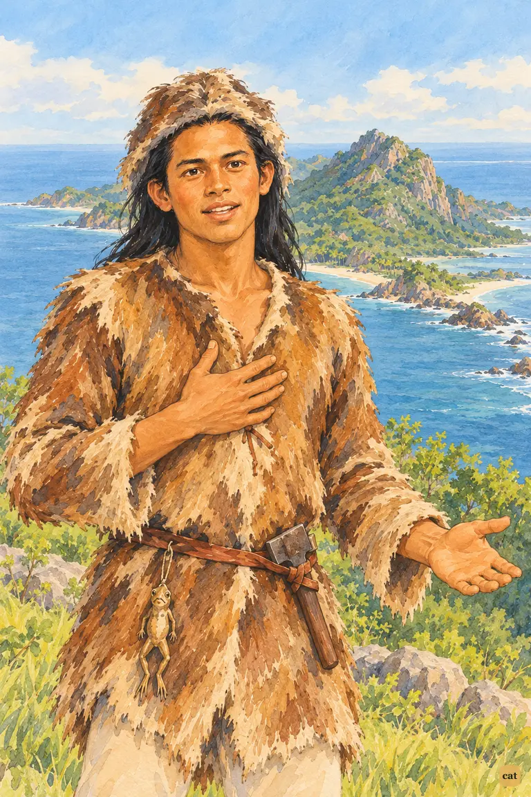 On the hazy hilltop, Friday, hand on chest, vows to make his people love Crusoe