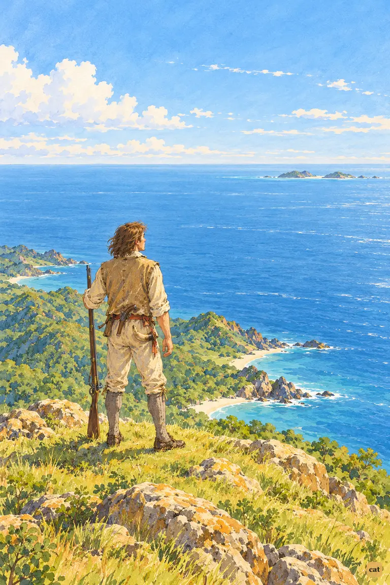 From the hilltop, Crusoe sees the endless sea and realizes he is on an island