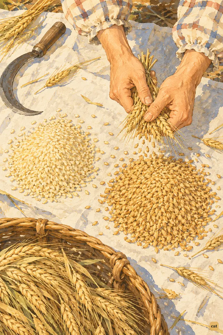 Crusoe's hands rub barley ears over a basket beside a golden heap and a pile of rice