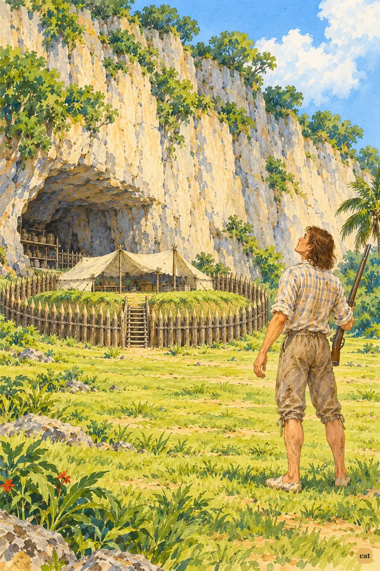 Crusoe stands small on a green plain beneath a house-high pale rock face