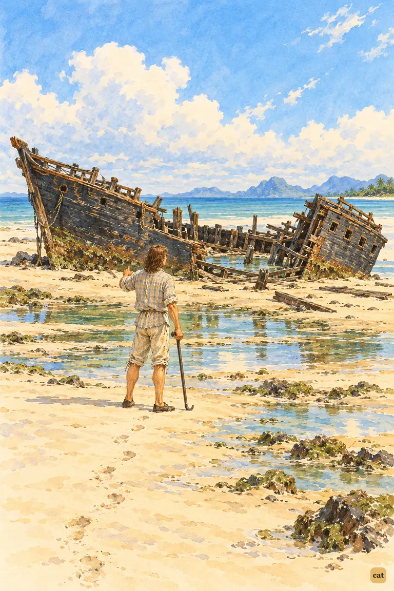 At low tide, Crusoe stands before the heaved-up wreck, seeing he can walk right up to it