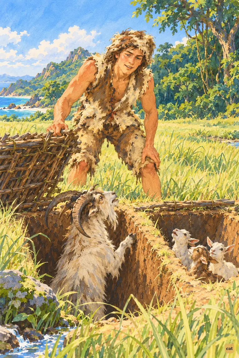 Crusoe finds a fierce old he-goat in one pit and three huddled kids in the next