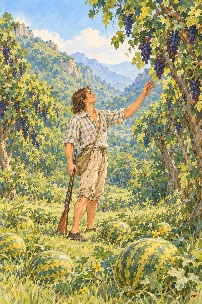 In the wooded valley, Crusoe stops in wonder at ripe melons and hanging grapes