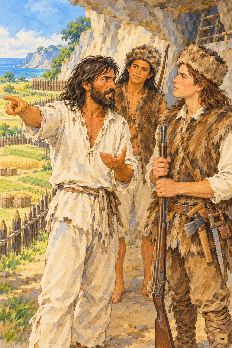 The Spaniard points to the crops and advises waiting another harvest; the castaway nods