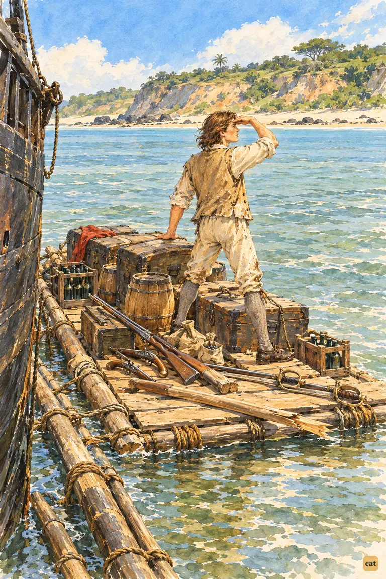 On the loaded raft by the ship, Crusoe studies the shore, with no sail, oar or rudder