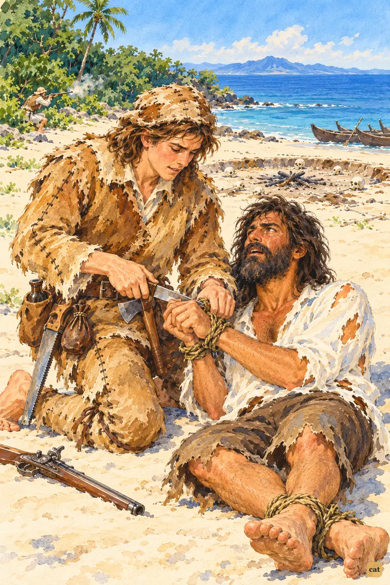 On the beach, Crusoe kneels over the gasping Spaniard and saws through his rush bonds