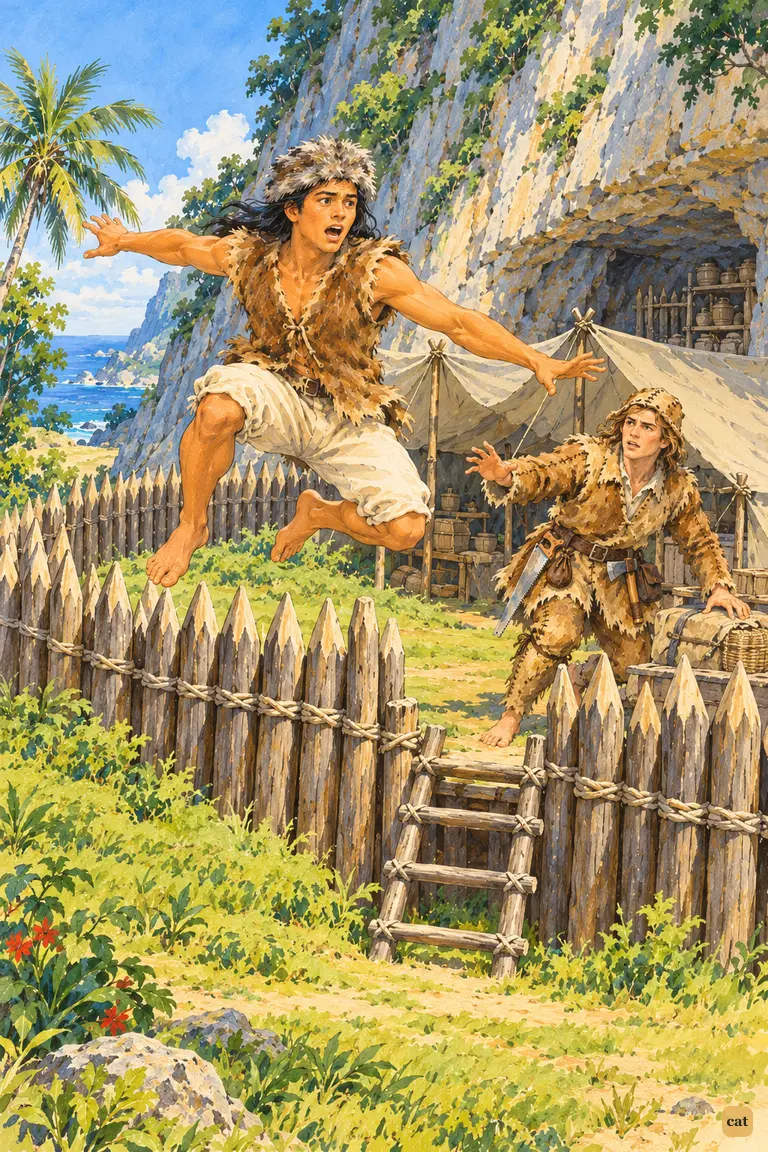 Friday vaults the fence crying that three canoes have landed, and Crusoe rises, startled