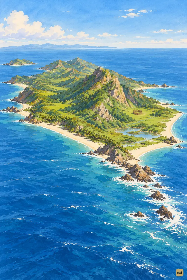 The island from above in the dry season, a tiny stake enclosure its only human trace