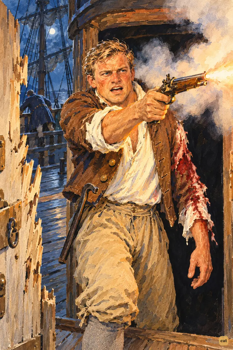 The wounded mate pushes through the round-house door, pistol aimed into the dark cabin