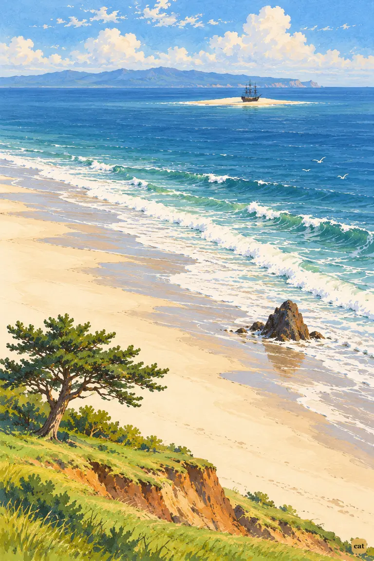A bird's-eye view of the empty shore on a calm morning, the wreck a speck far out to sea