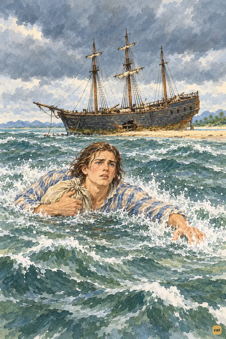 Crusoe swims for the sands through storm chop, clutching a bundle of coin to his chest