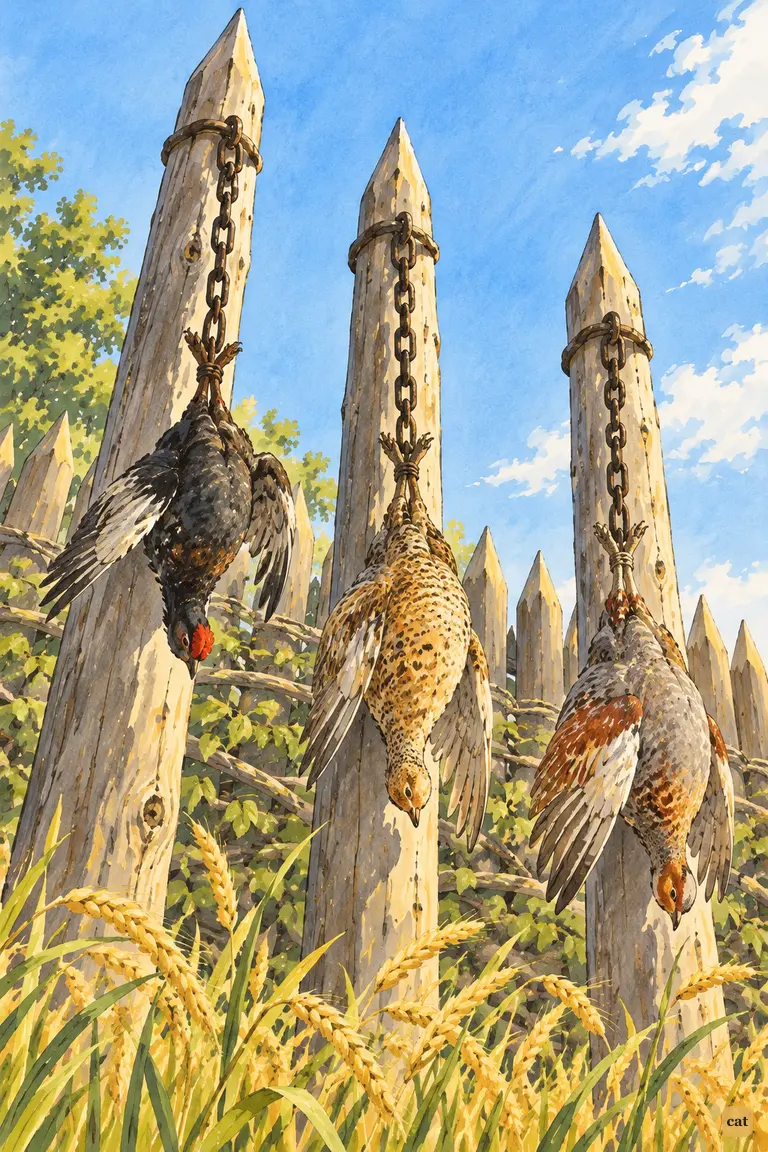 Three dead birds hang in chains from hedge stakes, a warning that has saved the barley