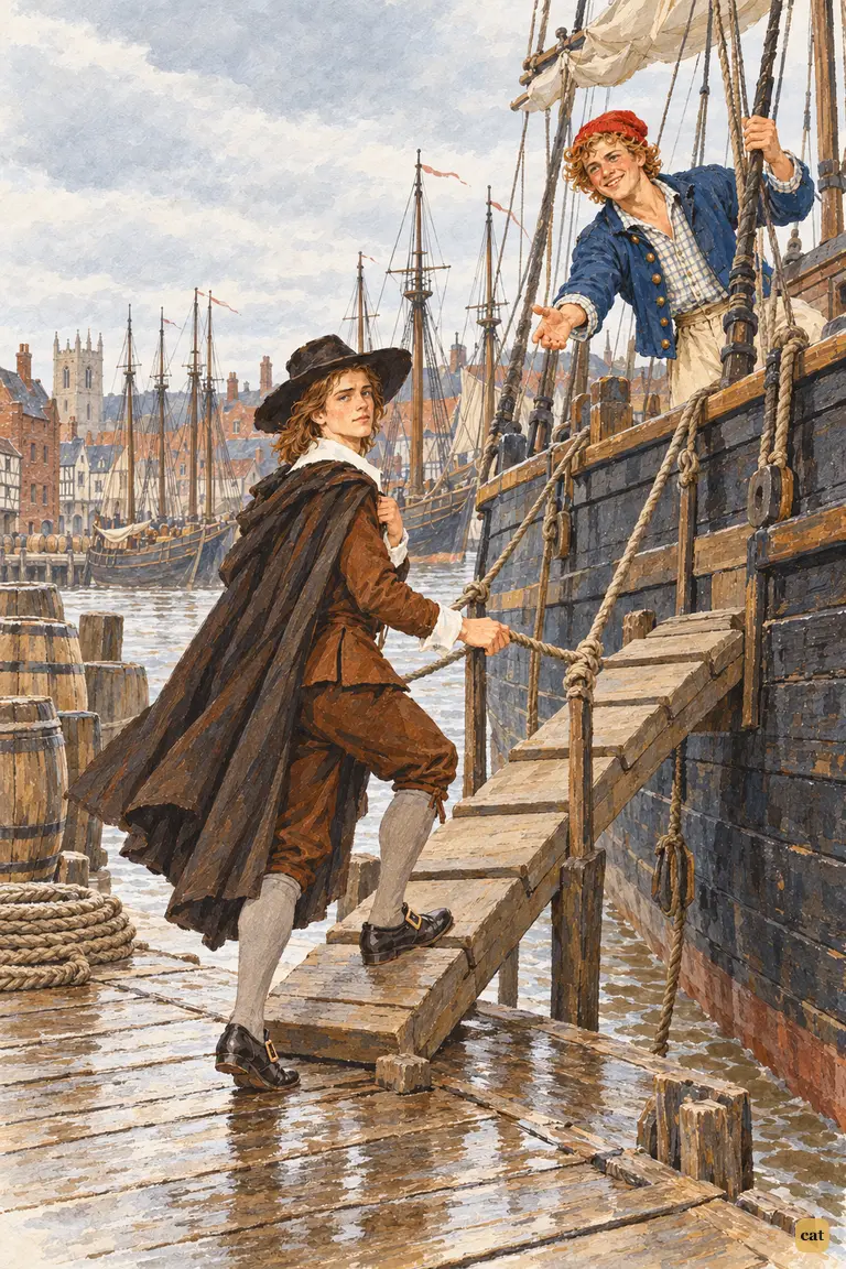 A young man boards at Hull on 1 September 1651 as the master's son beckons him