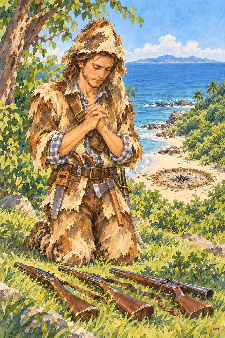 Above the cannibal shore, Crusoe lays his guns aside and kneels in thanks to God