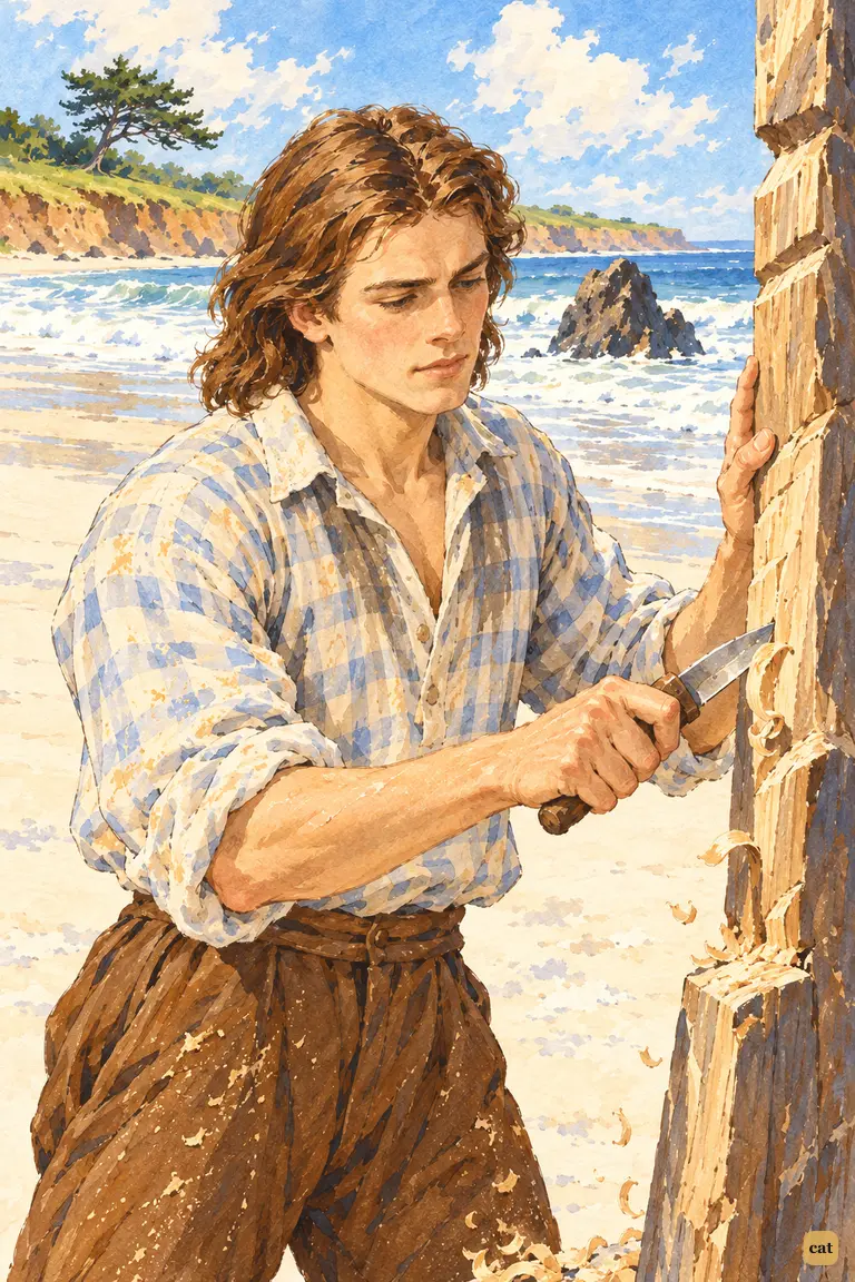 The young castaway sets his knife to a tall post to cut his first calendar inscription