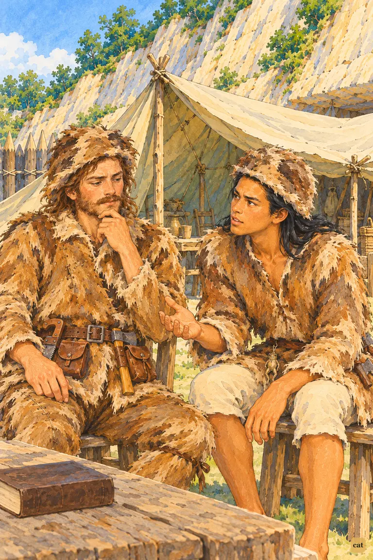 Friday leans in to ask the unanswerable question, and Crusoe draws back, baffled