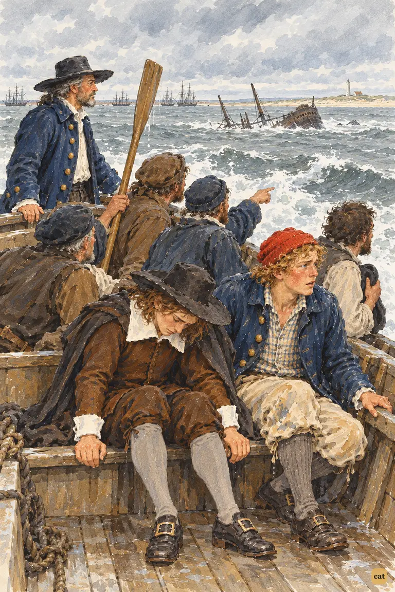 The dismasted ship sinks as shocked seamen stare and young Crusoe looks at the boards