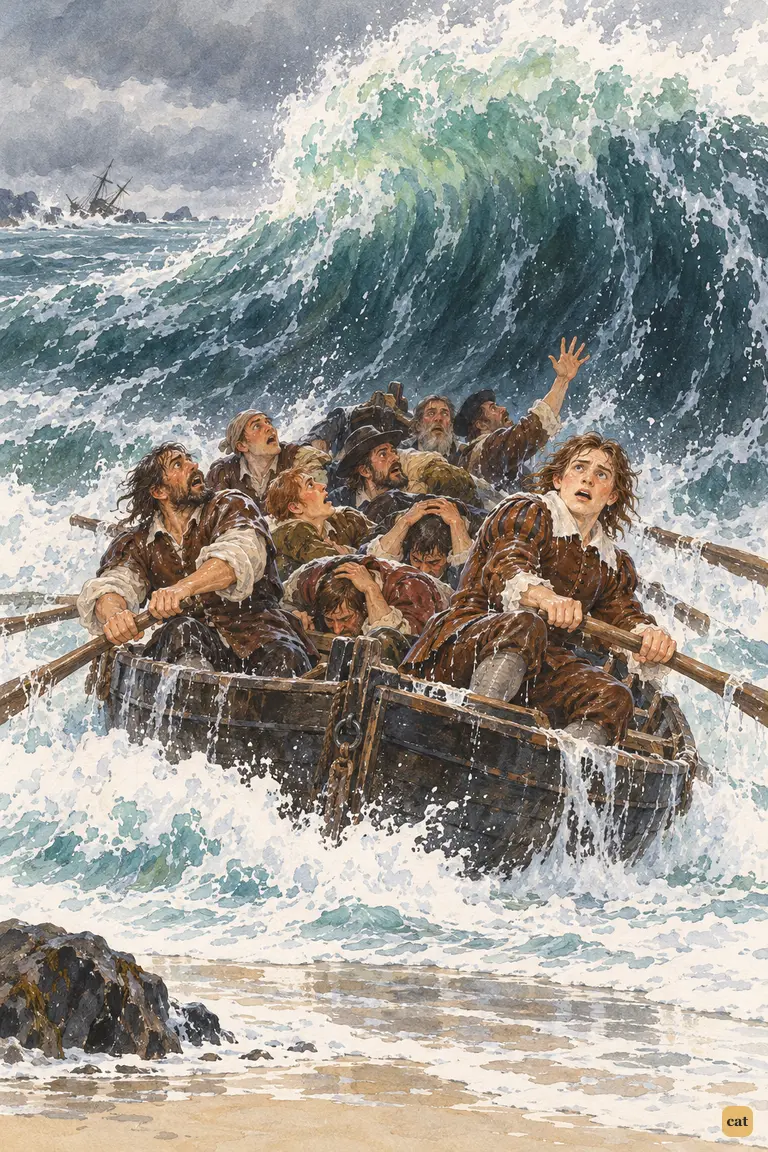 Eleven men in an overloaded boat freeze as a black-green wave towers over the stern
