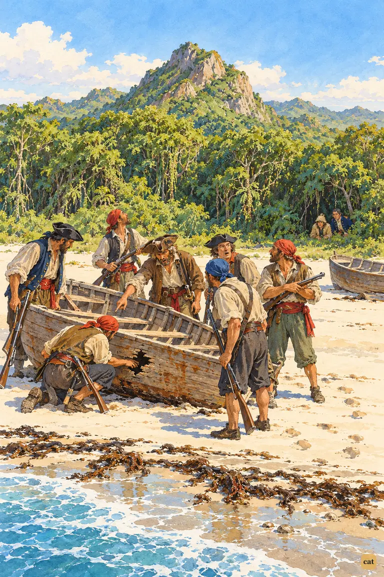 Ten mutineers stop at the holed long-boat while Crusoe and the captain hide in the wood