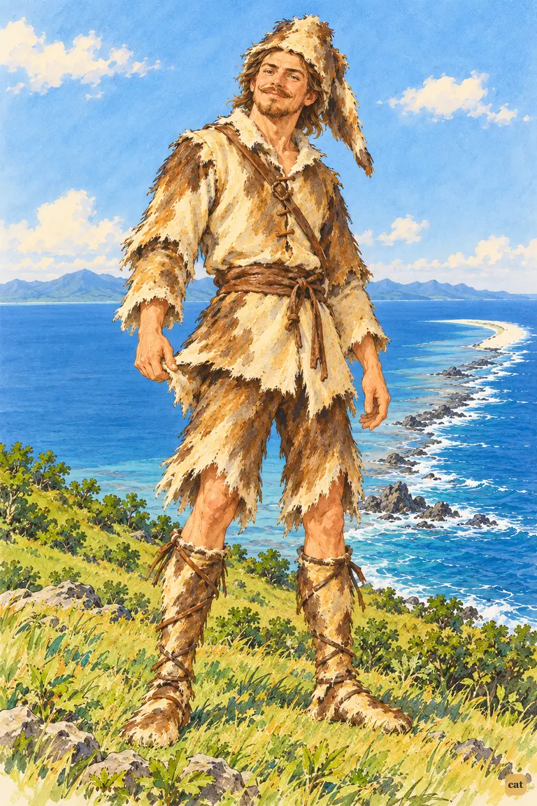 On the hill crown, Crusoe admires himself in his goat-skin cap, breeches and buskins
