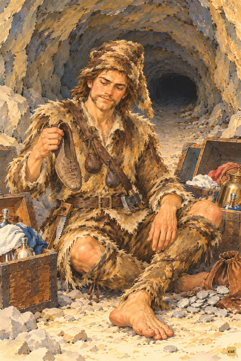 Among Spanish chests, Crusoe holds a pump and eyes his bare feet; silver lies ignored