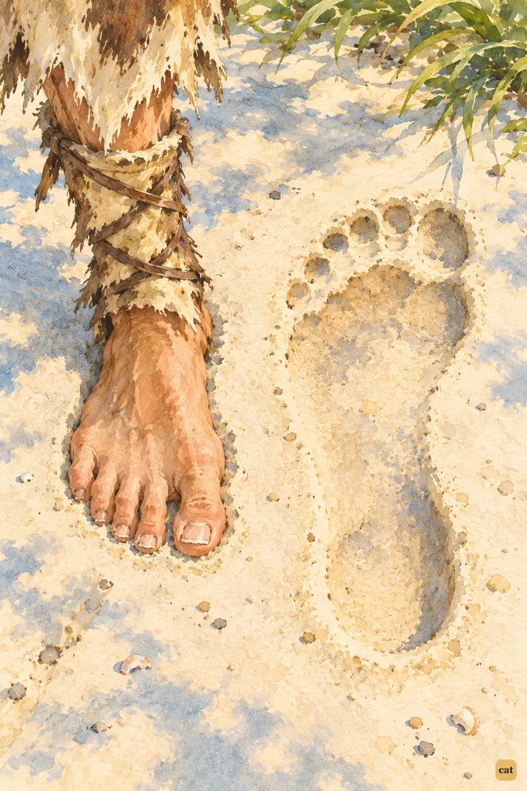 Crusoe sets his bare foot by the stranger's print, which is far larger than his own