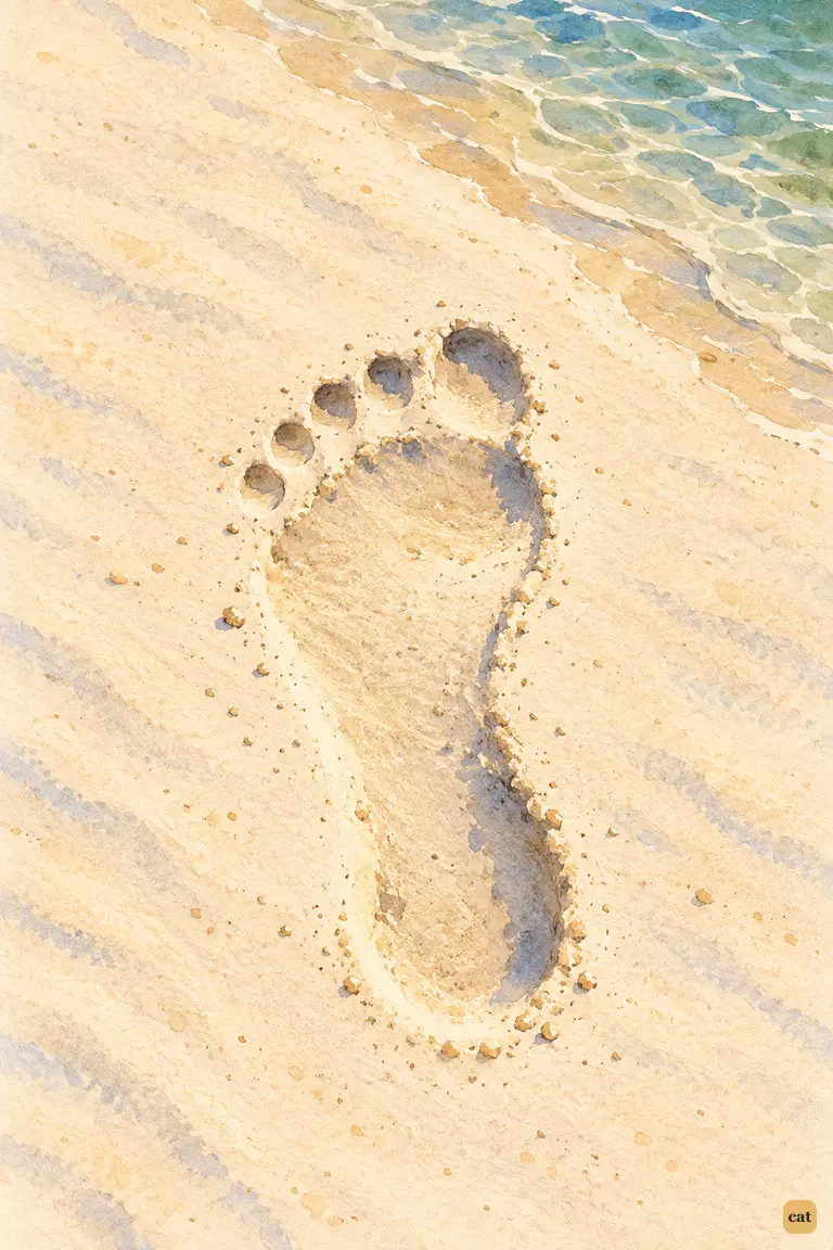 A single bare human footprint lies crisp in smooth pale sand