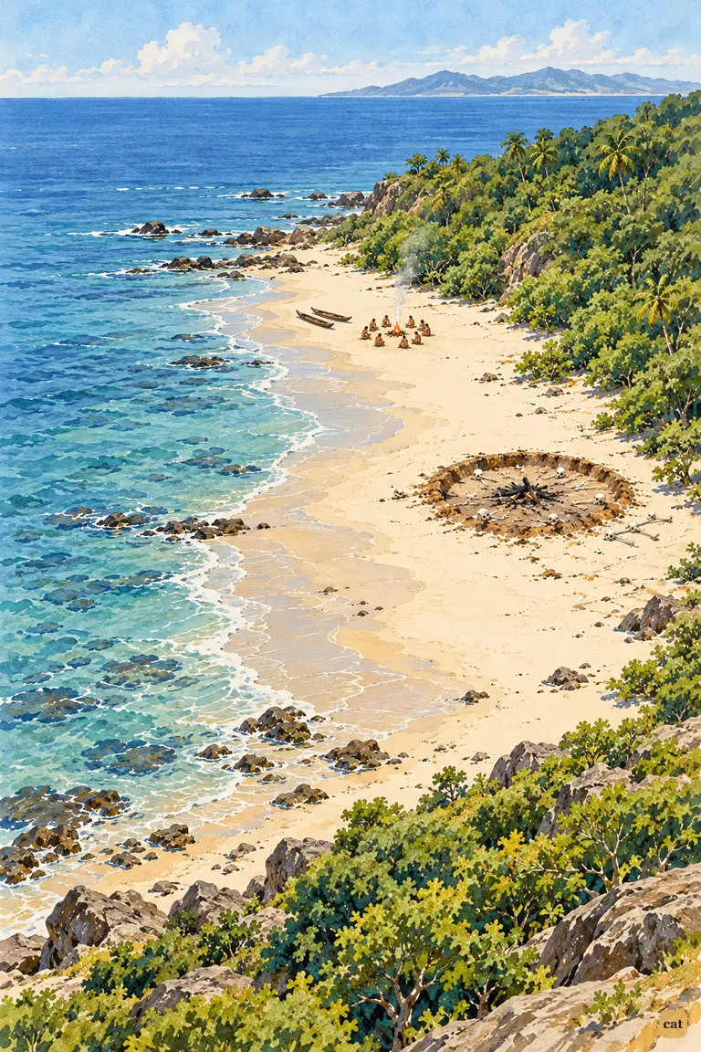 From the hilltop, nine tiny figures sit round a smoking fire on a long pale beach