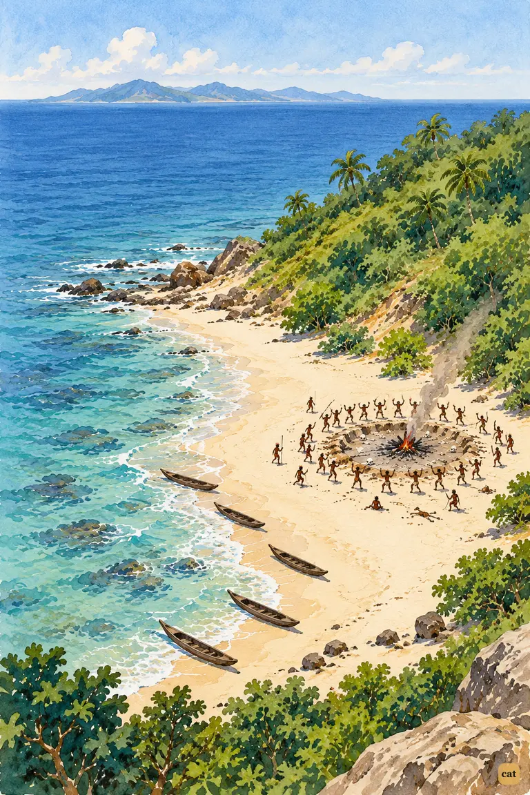 Far below the hilltop, five canoes lie on the sand as thirty dancers circle a fire