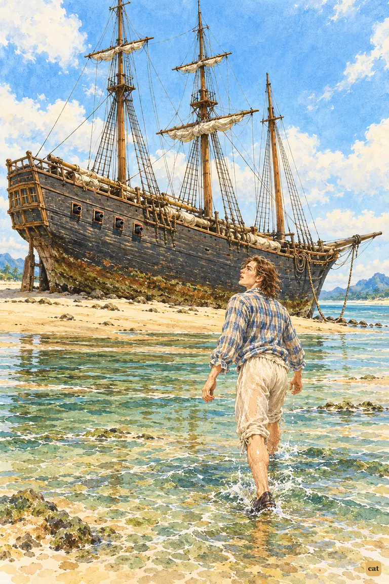 Shin-deep in the channel, the young castaway looks up at the tall tarred ship