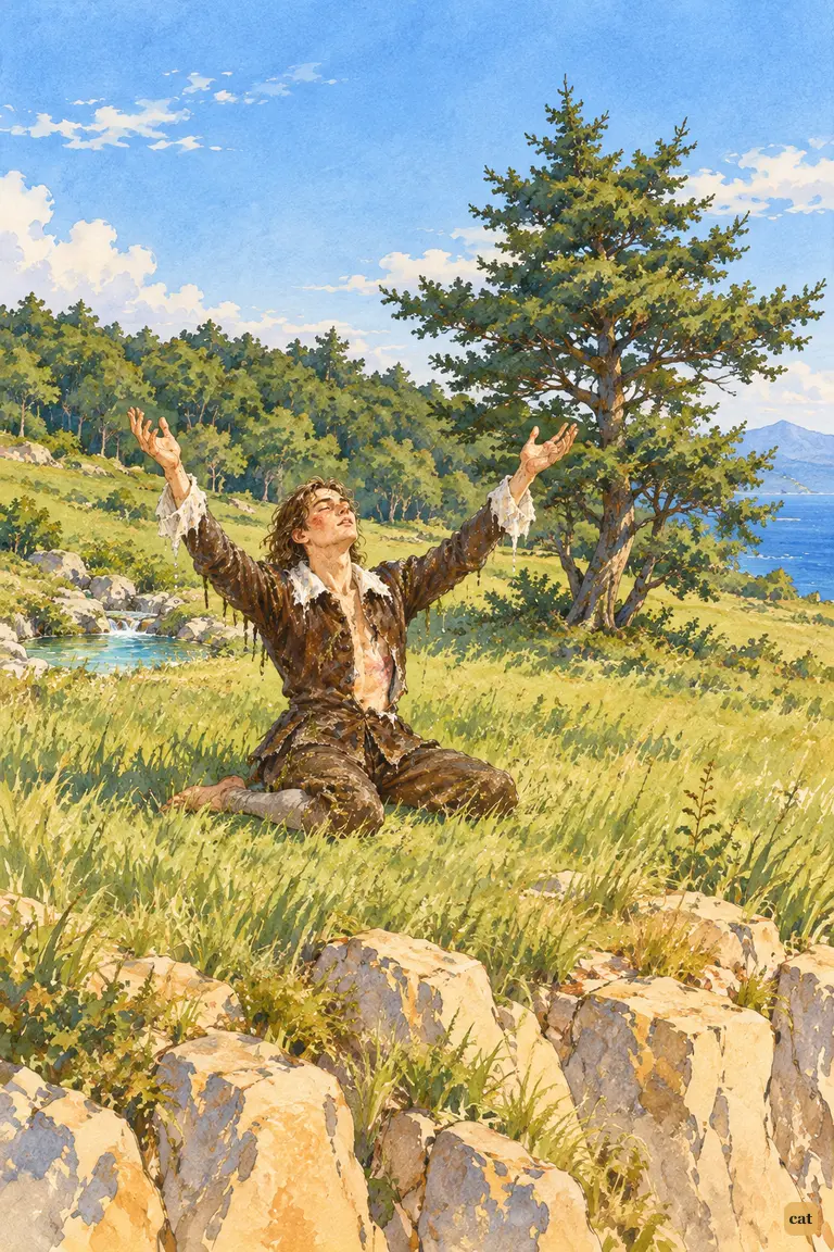 Alone on the cliff-top, the drenched survivor lifts his face and hands in thanks
