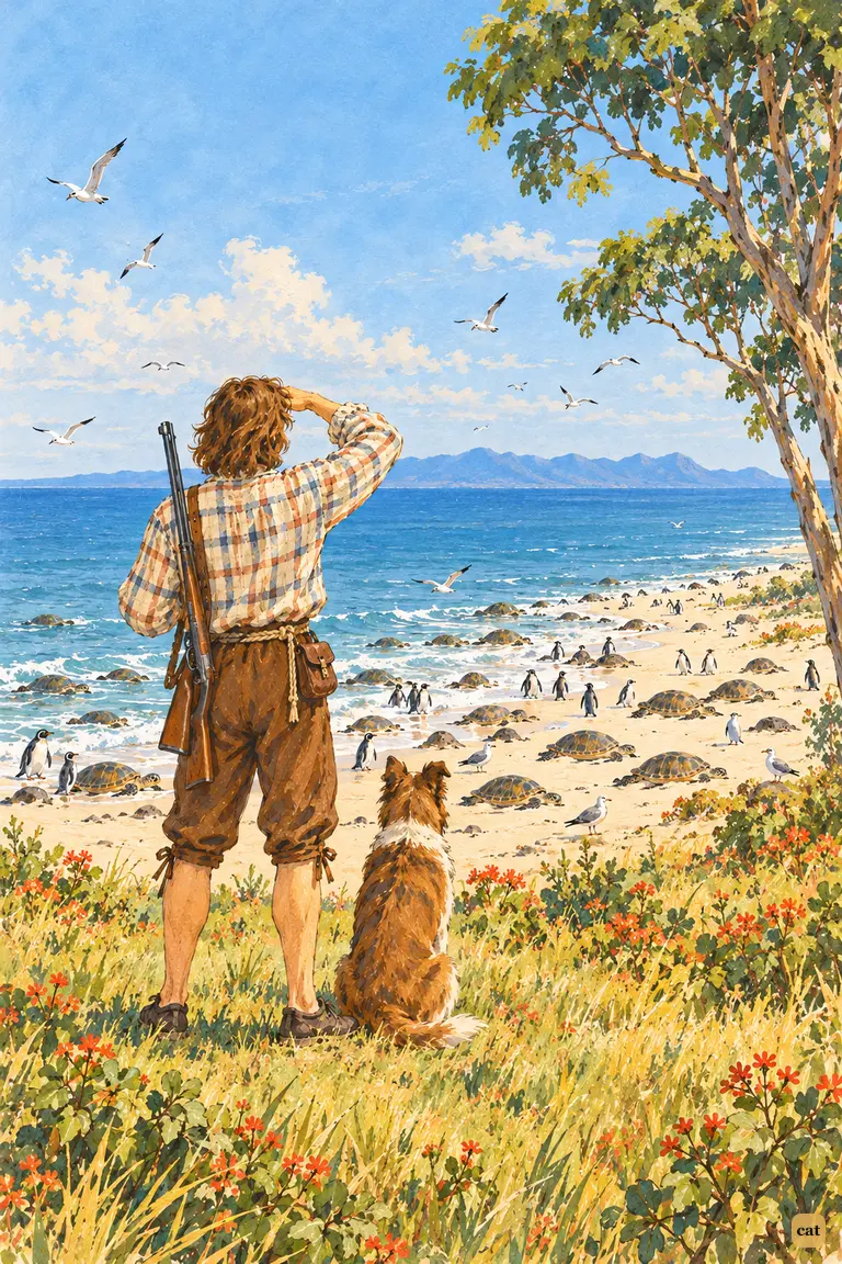 A young castaway and his dog stand at the savannah's edge, gazing west over the calm sea
