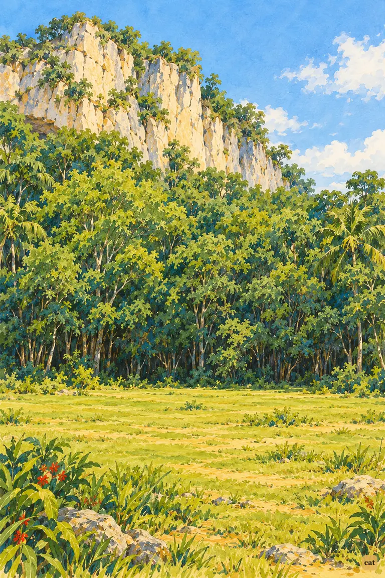 The castaway's stakes have grown into a green wall; only the rock's pale crest shows