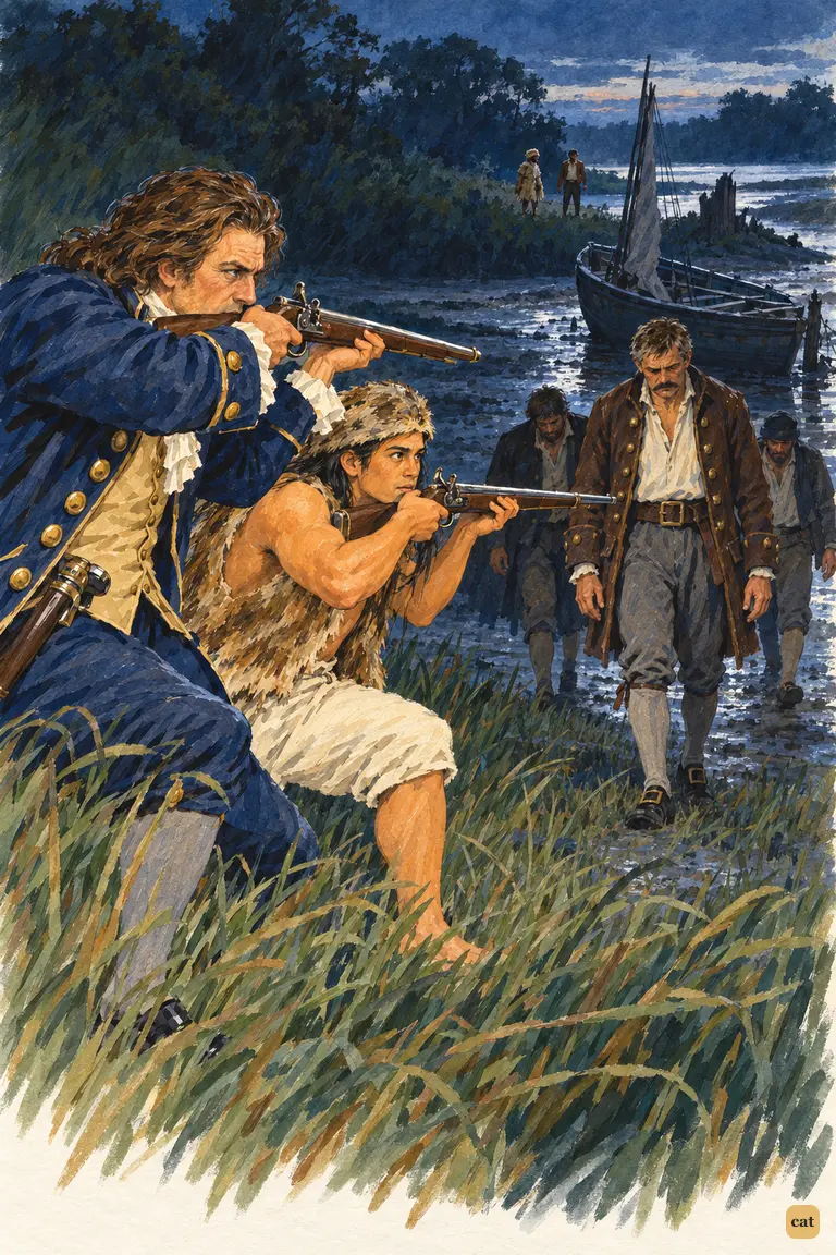 The captain and Friday spring up with muskets as the boatswain walks toward them