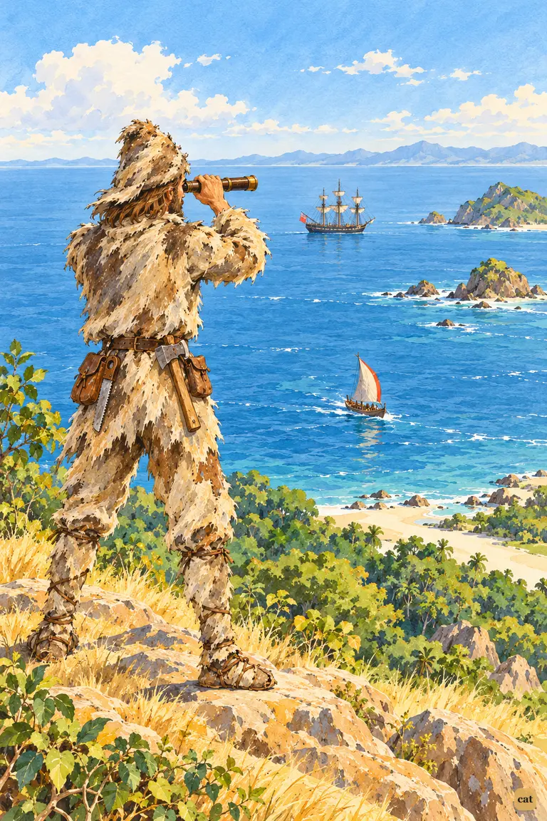 From the hilltop, Crusoe spots an English ship at anchor and a long-boat heading ashore