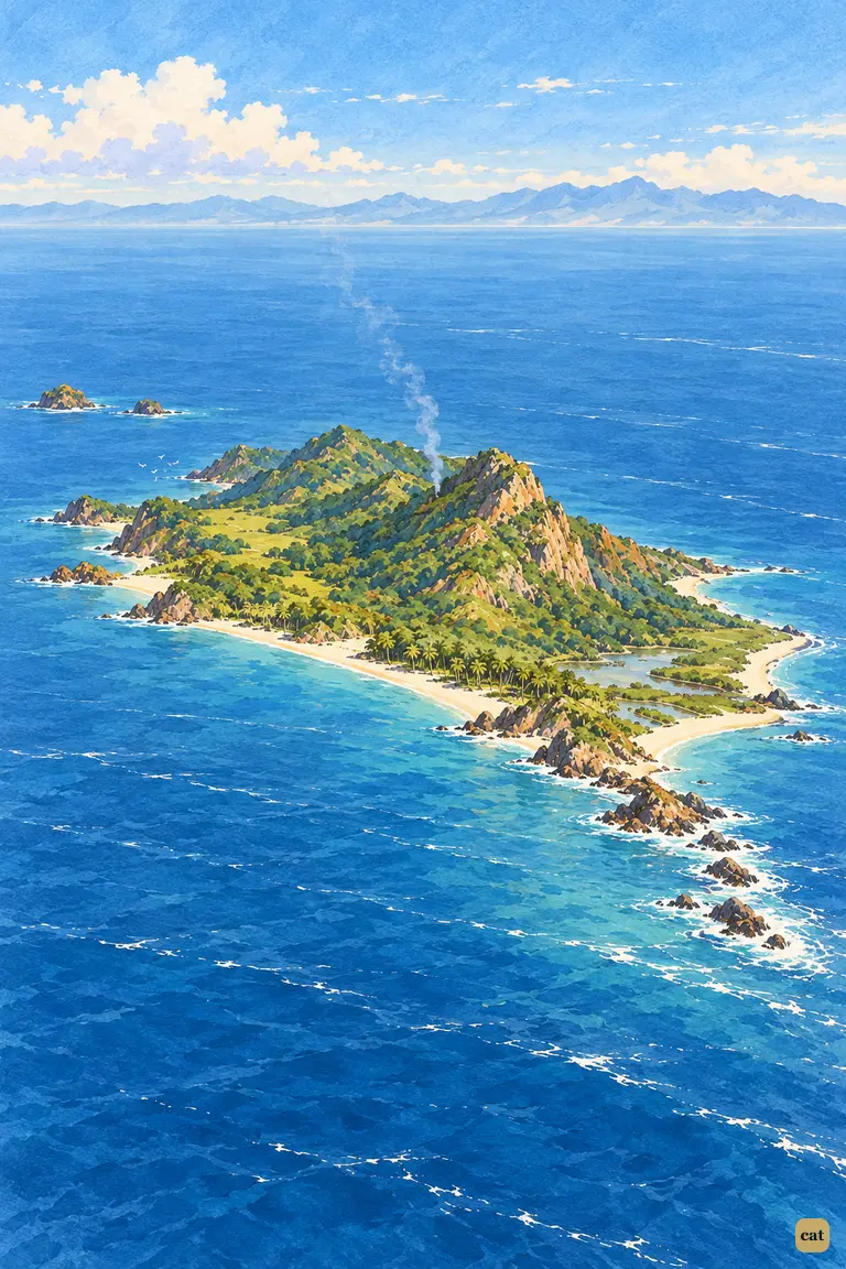 The small green island floats in a calm blue sea, smoke rising from its slope