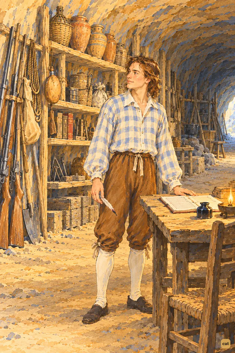 Crusoe looks up from his ledger at cave shelves of tools, nails, books and muskets